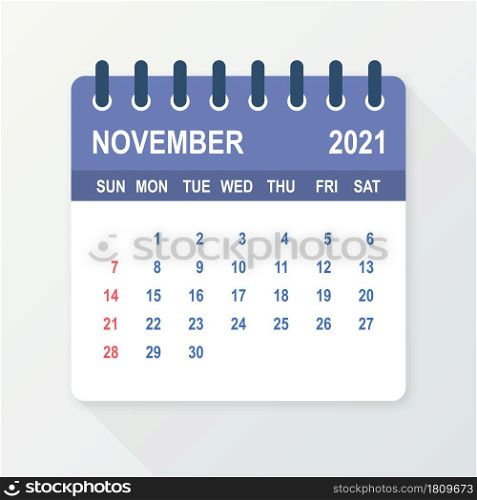 November 2021 Calendar Leaf. Calendar 2021 in flat style. Vector illustration. November 2021 Calendar Leaf. Calendar 2021 in flat style. Vector illustration.