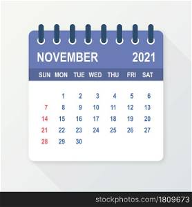 November 2021 Calendar Leaf. Calendar 2021 in flat style. Vector illustration. November 2021 Calendar Leaf. Calendar 2021 in flat style. Vector illustration.