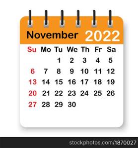 November orange 2022 calendar. Page on spiral. Simple diary design. Office template. Vector illustration. Stock image. EPS 10.. November orange 2022 calendar. Page on spiral. Simple diary design. Office template. Vector illustration. Stock image.