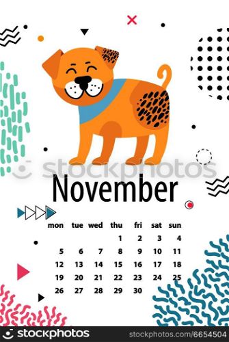 November page of calendar with happy dog surrounded by doodles on white background. Vector illustration with cute 2018 symbol due Chinese calendar. November Page of Calendar Vector Illustration