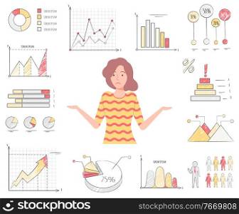 Novice in data analysis vector, female character with charts and diagrams flat style. Woman with confused face, stats and information puzzled personage. Confused Woman Among Charts and Diagrams Vector