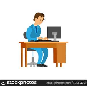 Novice working at new office job, mans workplace vector. Table with personal computer, scared employee typing on keyboard. Unsure newbie wearing suit. Novice Working at New Office Job, Man Workplace