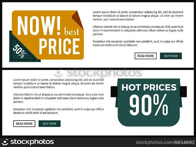 Now best and hot price 90  and 50 , web collection with buttons and text s&le, stickers of rectangular shape isolated on vector illustration. Now Best and Hot Price Web on Vector Illustration