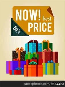 Now best price push buttons promo label on banner with gift boxes vector poster with piles of presents in color wrapping paper with festive bows. Now Best Price Push Buttons Promo Label on Banner