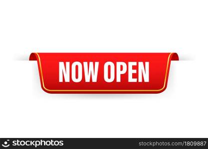 Now open Red ribbon, Label Icon Vector Design. Vector stock illustration. Now open Red ribbon, Label Icon Vector Design. Vector stock illustration.