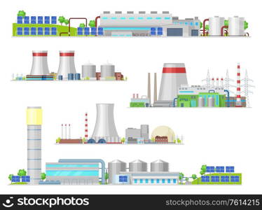 Nuclear and power plant, gas station isolated vector building icons. Industrial buildings and factory facilities, energy production. Nuclear reactor and pipes, air pollution industrial pipelines. Nuclear and power plant, gas station buildings