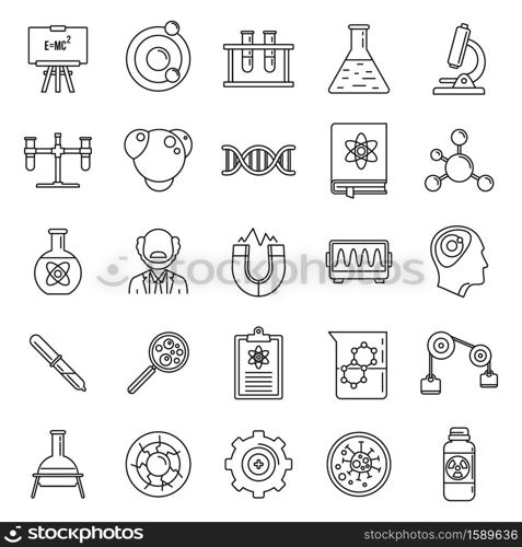 Nuclear biophysics icons set. Outline set of nuclear biophysics vector icons for web design isolated on white background. Nuclear biophysics icons set, outline style