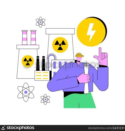 Nuclear energy abstract concept vector illustration. Nuclear power plant, sustainable energy source, cooling towers, uranium atom, distribution system, generate electricity abstract metaphor.. Nuclear energy abstract concept vector illustration.