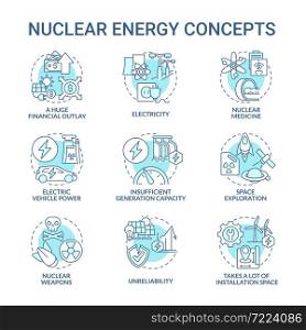 Nuclear energy blue concept icons set. Innovative nuclear technology idea thin line color illustrations. Electric vehicle power. Space exploration. Vector isolated outline drawings. Editable stroke. Nuclear energy blue concept icons set