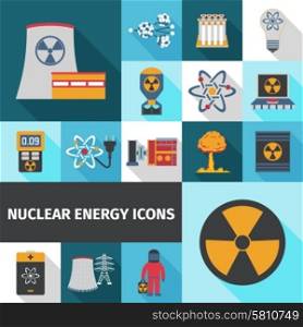Nuclear energy contribution in global electricity supply flat icons set with radioactivity sign abstract isolated vector illustration. Nuclear energy icons set flat