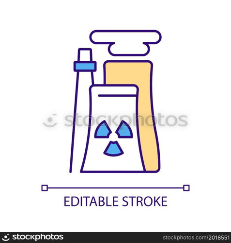 Nuclear energy factory RGB color icon. Steam production. Splitting atoms and releasing power. Nuclear reactors. Isolated vector illustration. Simple filled line drawing. Editable stroke. Nuclear energy factory RGB color icon