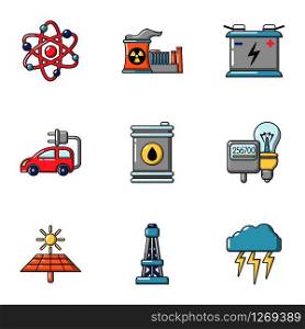 Nuclear energy icons set. Cartoon set of 9 nuclear energy vector icons for web isolated on white background. Nuclear energy icons set, cartoon style