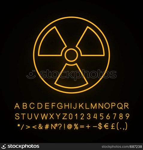 Nuclear energy neon light icon. Atomic power. Radiation. Radioactive danger. Glowing sign with alphabet, numbers and symbols. Vector isolated illustration. Nuclear energy neon light icon