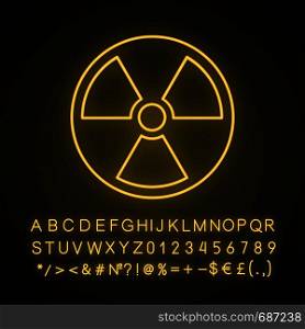Nuclear energy neon light icon. Atomic power. Radiation. Radioactive danger. Glowing sign with alphabet, numbers and symbols. Vector isolated illustration. Nuclear energy neon light icon