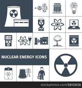 Nuclear energy plant products black icons set with mushroom cloud and radioactivity sign abstract isolated vector illustration. Nuclear energy icons set black