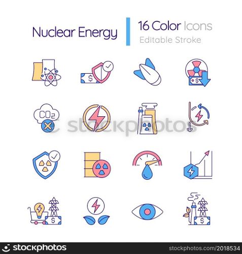 Nuclear energy RGB color icons set. Economic advantage. Nuclear power plant. Reduce carbon emissions. Isolated vector illustrations. Simple filled line drawings collection. Editable stroke. Nuclear energy RGB color icons set
