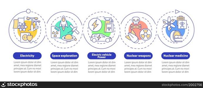 Nuclear energy usage vector infographic template. Nuclear medicine presentation outline design elements. Data visualization with 5 steps. Process timeline info chart. Workflow layout with line icons. Nuclear energy usage vector infographic template