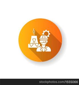 Nuclear engineer orange flat design long shadow glyph icon. Heavy production on industrial factory. Petrochemical specialist. Chemical facility worker. Silhouette RGB color illustration. Nuclear engineer orange flat design long shadow glyph icon