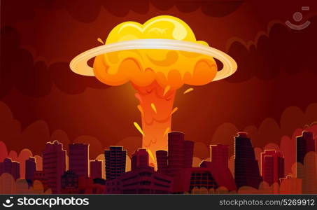 Nuclear Explosion City Cartoon Poster. Downtown city center skyscrapers with bright orange fiery nuclear explosion mushroom clouds retro cartoon poster vector illustration