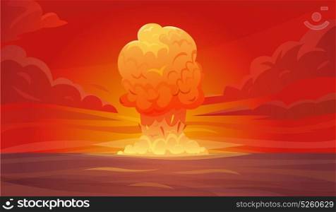 Nuclear Explosion Composition. Colored red nuclear explosion composition or poster with column of smoke rising vertically into the sky vector illustration