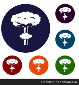 Nuclear explosion icons set in flat circle reb, blue and green color for web. Nuclear explosion icons set