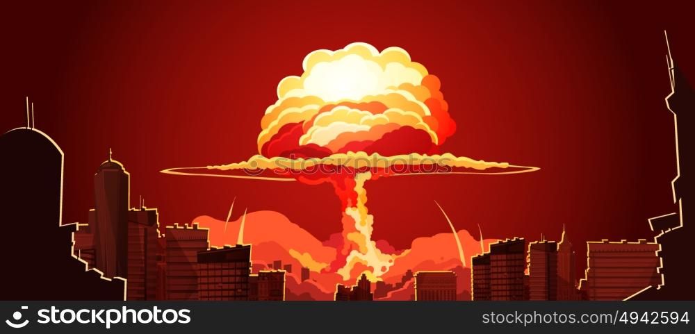 Nuclear Explosion Mushroom Cloud Retro Poster. Nuclear explosion bright orange fiery mushroom cloud cap in city center retro cartoon poster abstract vector illustration