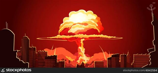 Nuclear Explosion Mushroom Cloud Retro Poster. Nuclear explosion bright orange fiery mushroom cloud cap in city center retro cartoon poster abstract vector illustration