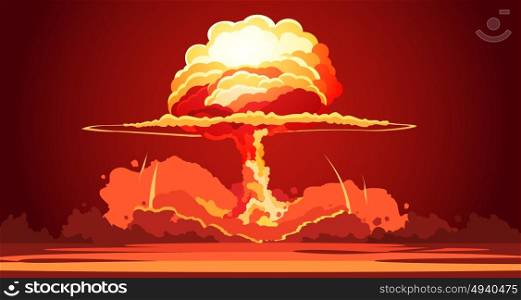 Nuclear Explosion Mushroom Cloud Retro Poster. Nuclear explosion rising orange fireball of atomic mushroom cloud in desert weapon test retro cartoon poster vector illustration