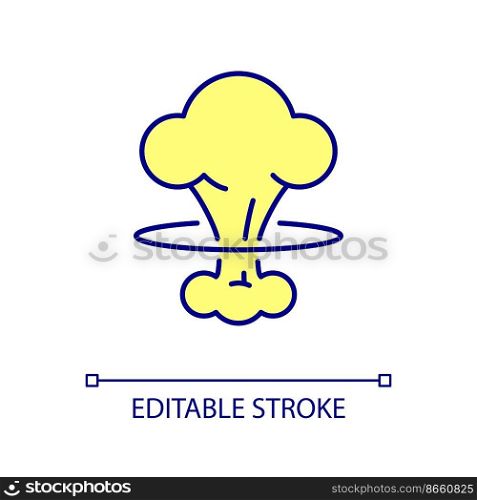 Nuclear explosion RGB color icon. Radioactive pollution of environment. Catastrophe danger. Isolated vector illustration. Simple filled line drawing. Editable stroke. Arial font used. Nuclear explosion RGB color icon