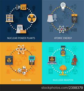 Nuclear fission in atomic energy power production 4 flat icons square composition banner abstract isolated vector illustration. Nuclear energy 4 flat icons composition