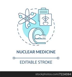 Nuclear medicine blue concept icon. Nuclear energy usage abstract idea thin line illustration. Chest x-ray and CT scanner. Radioactive materials. Vector isolated outline color drawing. Editable stroke. Nuclear medicine blue concept icon