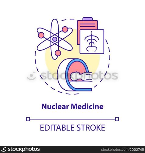 Nuclear medicine concept icon. Nuclear energy usage abstract idea thin line illustration. Using radioactive materials for diseases diagnosis. Vector isolated outline color drawing. Editable stroke. Nuclear medicine concept icon