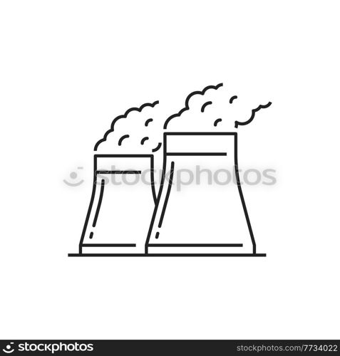 Nuclear or electrical power station isolated line art icon. Vector industrial towers with radiation and smoke, outline thermal generators, exhaust pipes. Factory plant with reactors generating energy. Electrical power station isolated nuclear reactor