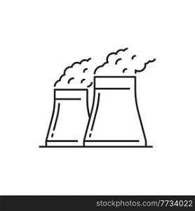 Nuclear or electrical power station isolated line art icon. Vector industrial towers with radiation and smoke, outline thermal generators, exhaust pipes. Factory plant with reactors generating energy. Electrical power station isolated nuclear reactor
