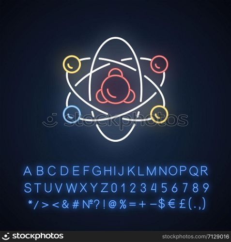 Nuclear physics neon light icon. Atomic structure model. Electrons, neutrons and protons. Subatomic molecular particles. Glowing sign with alphabet, numbers and symbols. Vector isolated illustration