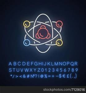 Nuclear physics neon light icon. Atomic structure model. Electrons, neutrons and protons. Subatomic molecular particles. Glowing sign with alphabet, numbers and symbols. Vector isolated illustration