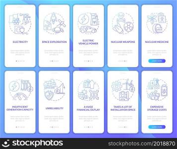 Nuclear power generation onboarding mobile app page screen set. Produce electricity walkthrough 5 steps graphic instructions with concepts. UI, UX, GUI vector template with linear color illustrations. Nuclear power generation onboarding mobile app page screen set