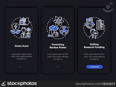 Nuclear power research onboarding mobile app page screen. Green scam funding walkthrough 3 steps graphic instructions with concepts. UI, UX, GUI vector template with linear night mode illustrations. Nuclear power research onboarding mobile app page screen