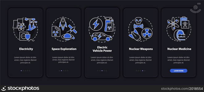 Nuclear power usage onboarding mobile app page screen. Nuclear medicine walkthrough 5 steps graphic instructions with concepts. UI, UX, GUI vector template with linear night mode illustrations. Nuclear power usage onboarding mobile app page screen