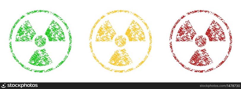 Nuclear sign in different colors, which warns of the danger of radiation. Nuclear stamp.