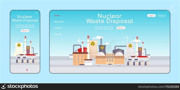 Nuclear waste disposal adaptive landing page flat color vector template. Atomic stations mobile and PC homepage layout. Chemical processing factory one page website UI. Webpage cross platform design