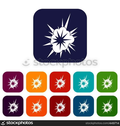 Nucleate explosion icons set vector illustration in flat style In colors red, blue, green and other. Nucleate explosion icons set flat