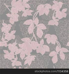 Nude pink leaves and doodles on the grey background vector seamless pattern