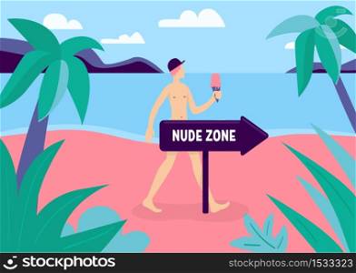 Nudist zone flat color vector illustration. Naked man relax in resort. Young male with bare body on private beach. Topless person. Naturist 2D cartoon character with landscape on background. Nudist zone flat color vector illustration