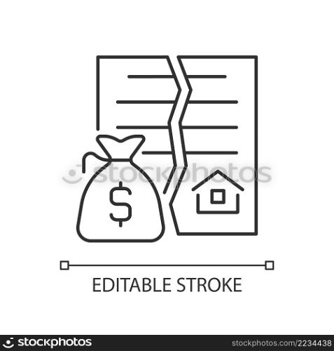 Nullified contract linear icon. Void and invalid agreement. Real estate transaction annulment. Thin line illustration. Contour symbol. Vector outline drawing. Editable stroke. Arial font used. Nullified contract linear icon