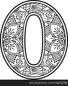 number 0 in black and white with doodle ornaments and design elements from mandala art style for coloring. Isolated on white background