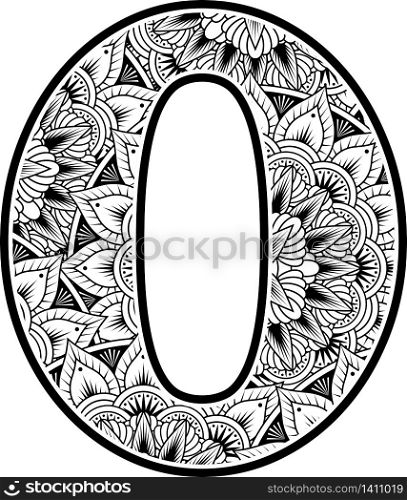 number 0 with abstract flowers ornaments in black and white. design inspired from mandala art style for coloring. Isolated on white background