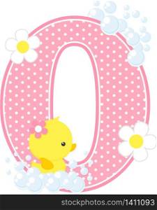 number 0 with bubbles and cute rubber duck isolated on white. can be used for baby girl birth announcements, nursery decoration, party theme or birthday invitation. Design for baby girl