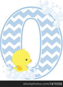 number 0 with bubbles and little baby rubber duck isolated on white background. can be used for baby boy birth announcements, nursery decoration, party theme or birthday invitation