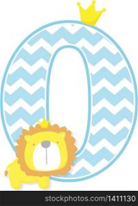 number 0 with chevron pattern. cute little lion king isolated on white background. can be used for father&rsquo;s day card, baby boy birth announcements, nursery decoration, party theme or birthday invitation